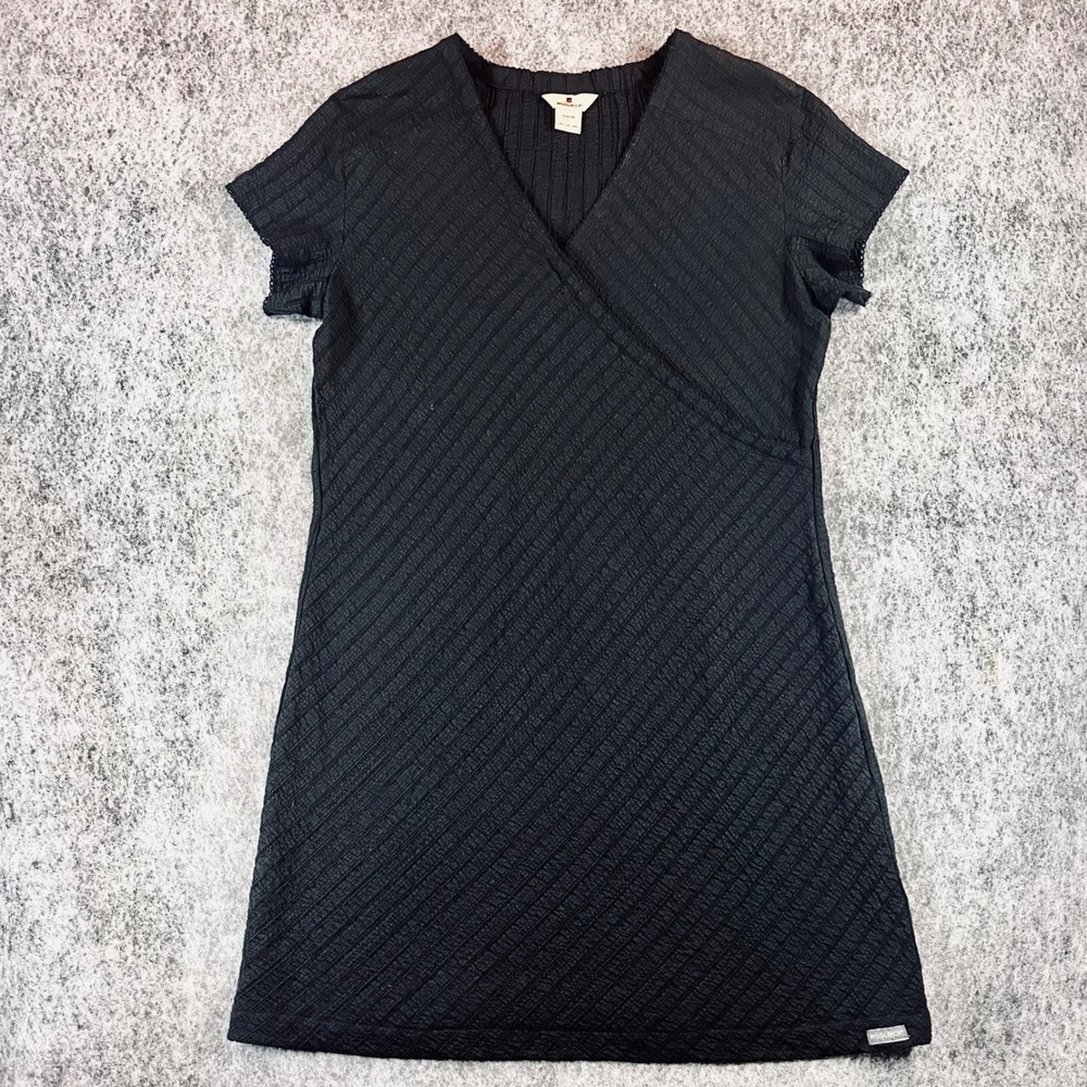 Woolrich Faux Wrap Dress Womens L Black Short Sleeve V-Neck Casual Travel A-Line